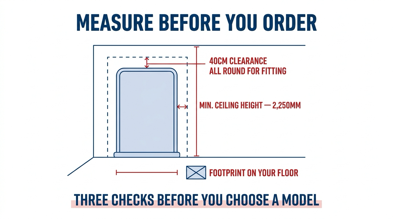 Flat-vector diagram showing the three checks before ordering a Vidalux steam shower: footprint on the floor, minimum ceiling height above the unit, and 40cm of clearance all round for installation.