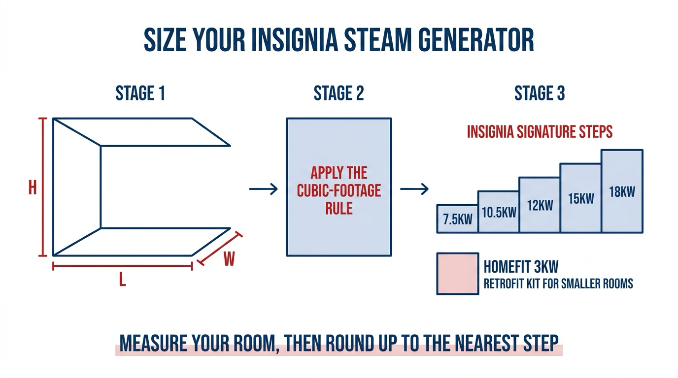 Flat-vector diagram showing how to size an Insignia steam generator: a room outline labelled length by width by height, an arrow to the cubic-footage sizing rule, and a row of Insignia's kW steps with HomeFit 3kW called out separately as the retrofit option.
