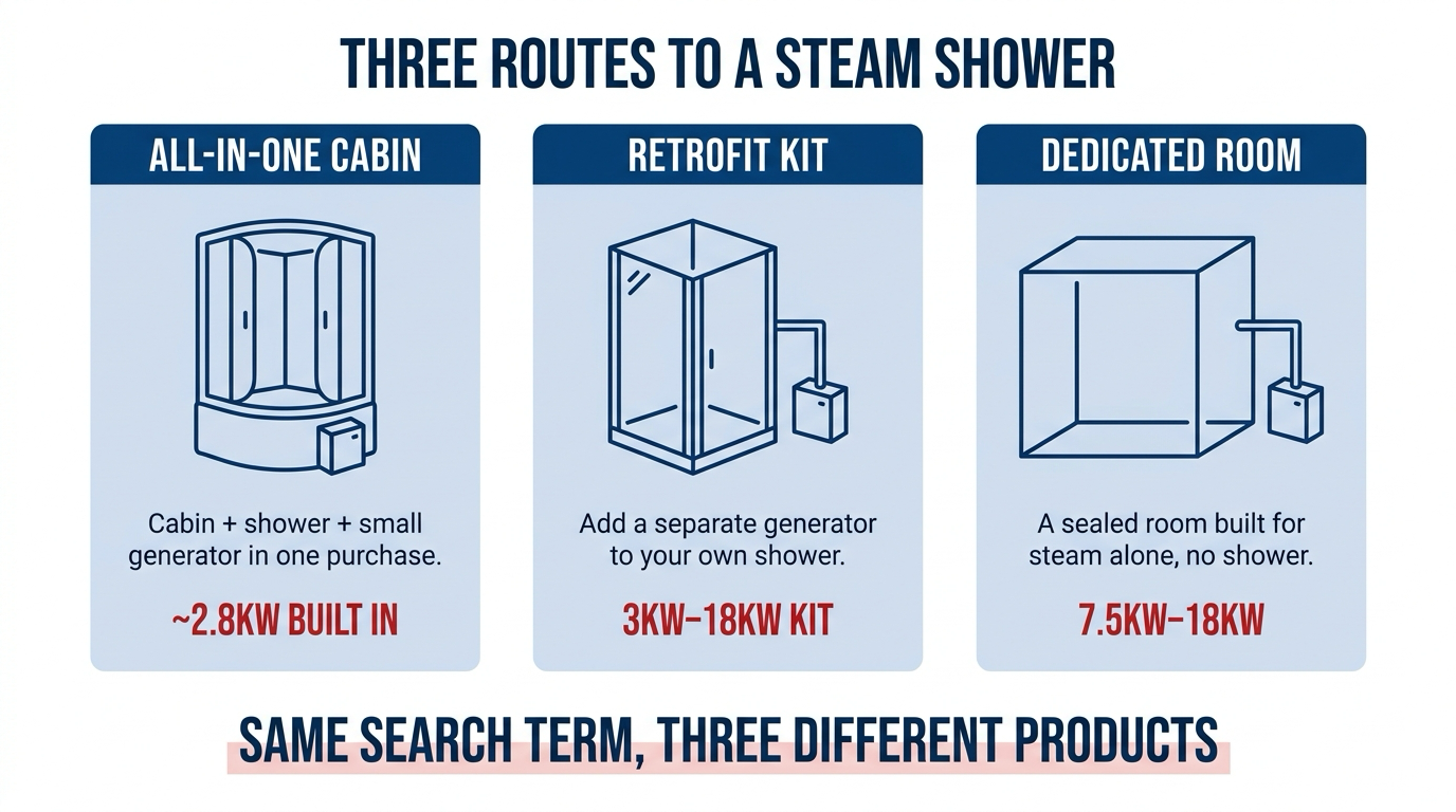 Flat-vector diagram comparing the three shower and steam room combo routes: all-in-one steam shower cabin, retrofit generator kit, and dedicated steam room, with each route's rough size and generator kW range.