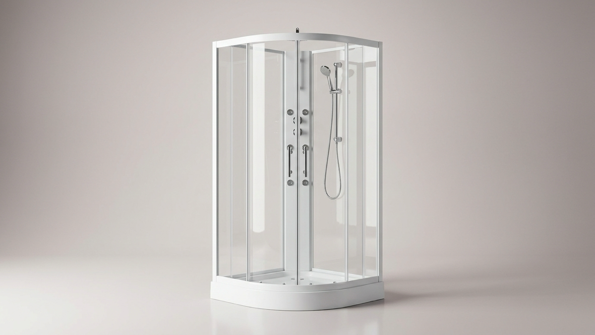 A white-framed shower enclosure with clear glass alone on a seamless pale studio backdrop with a soft floor shadow, styled for parts-identification content rather than a lifestyle scene, built from a real, current model's product photo.