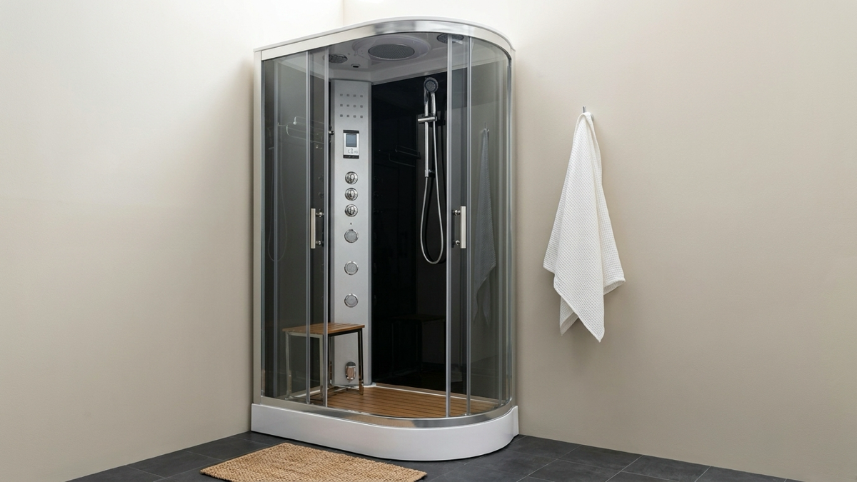 A Vidalux Clearwater steam shower cabin in a warm, naturally lit bathroom with a putty-toned wall, dark charcoal tile floor and a hanging towel, styled for a buying-guide feature rather than a product listing.