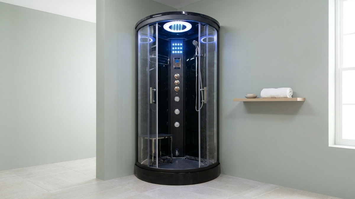 A Vidalux Essence steam shower cabin fitted into a naturally lit bathroom corner with sage-grey walls and pale stone flooring, shown as the all-in-one combo option.