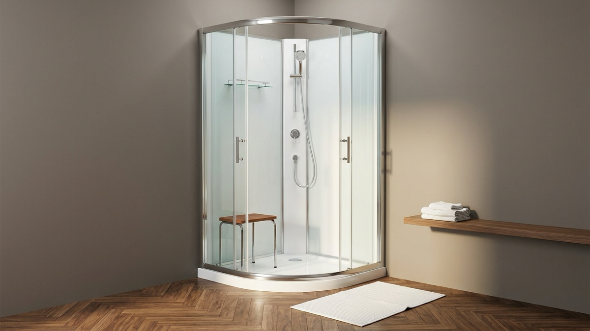 A Vidalux Pure E 900 electric shower pod with a chrome frame and white glass panels, fitted in a warm, naturally lit bathroom with taupe-grey walls and a walnut herringbone floor, styled for a buying-decision feature rather than a product listing.