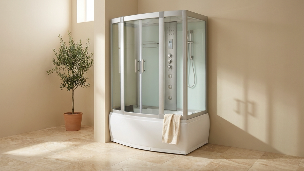 A Vidalux Aegean 1500 whirlpool bath and shower combo in a warm, naturally lit bathroom with a pale sand wall and cream travertine floor, a potted olive plant and a towel draped over the bath's own rim, styled as a real home setting, built from a real photo of the current model.