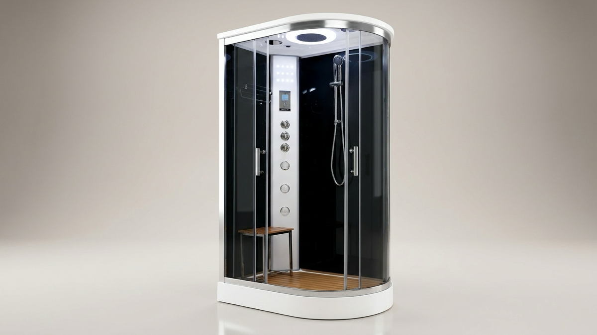 A white-framed Vidalux Hydro Plus 1200L shower cabin with black-tinted glass, alone on a seamless pale warm-grey studio backdrop with a soft floor shadow, styled for parts-identification content rather than a lifestyle scene, built from a real, current model's product photo.